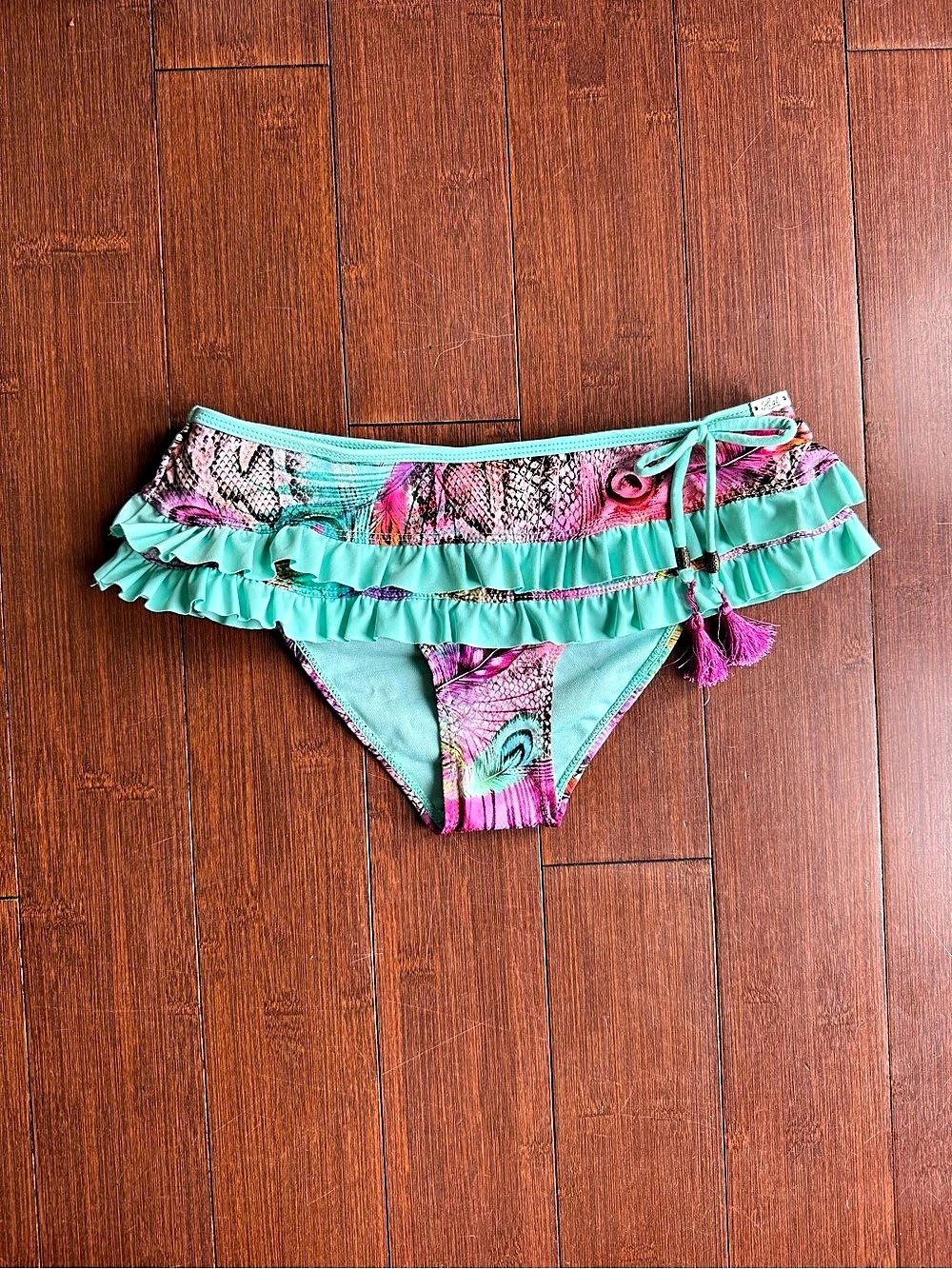 Heat Ruffle Peacock Feather Print Bikini Bottoms - Size Small